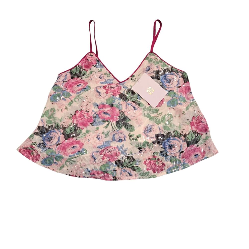 WAYF Floral Sequin Camisole Top XS Pink Blue Sleeveless V Neck NWT